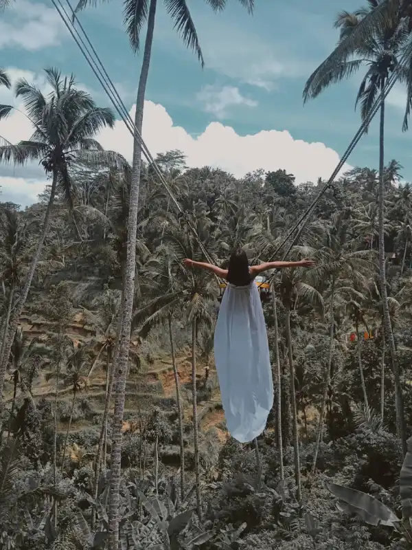 Tegallalang Rice Terraces and Bali Swing Ubud - panoramic rice fields view with famous jungle swing, adventure and photography spot in Ubud, top tourist attraction in Bali, experience nature and thrill in one place, Bali countryside tour with iconic swing activity